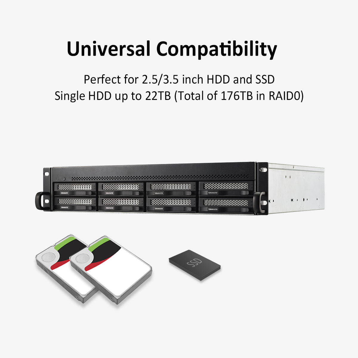 TERRAMASTER U8-450 8 盘位短深度机架式 NAS – 英特尔四核 CPU、8GB DDR4、双 SFP+ 10GbE 端口、双 2.5GbE 端口(无盘)