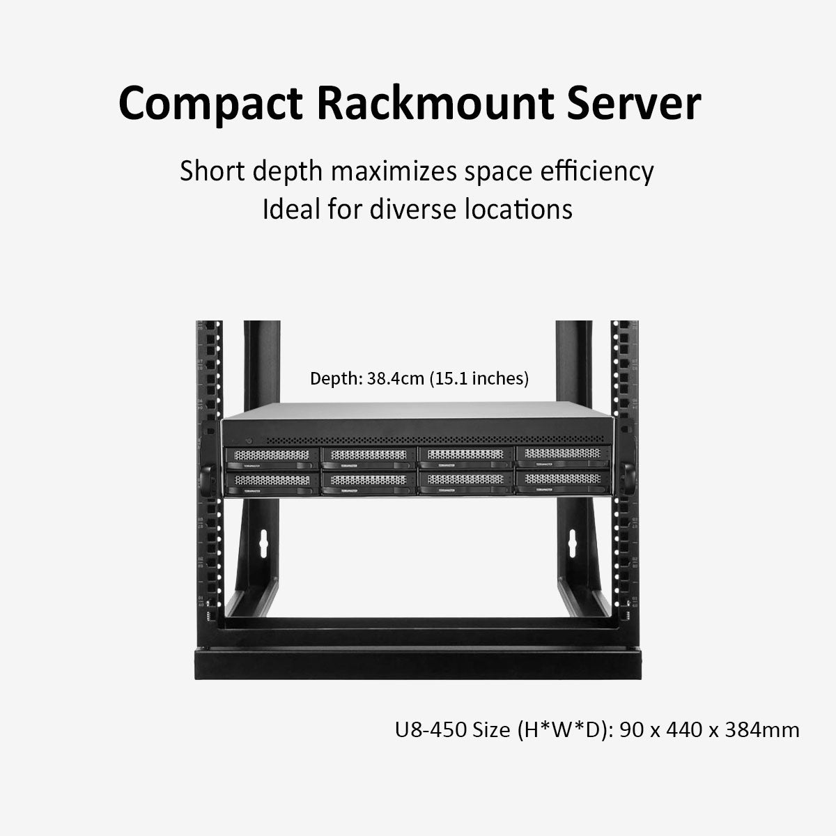 TERRAMASTER U8-450 8 盘位短深度机架式 NAS – 英特尔四核 CPU、8GB DDR4、双 SFP+ 10GbE 端口、双 2.5GbE 端口(无盘)