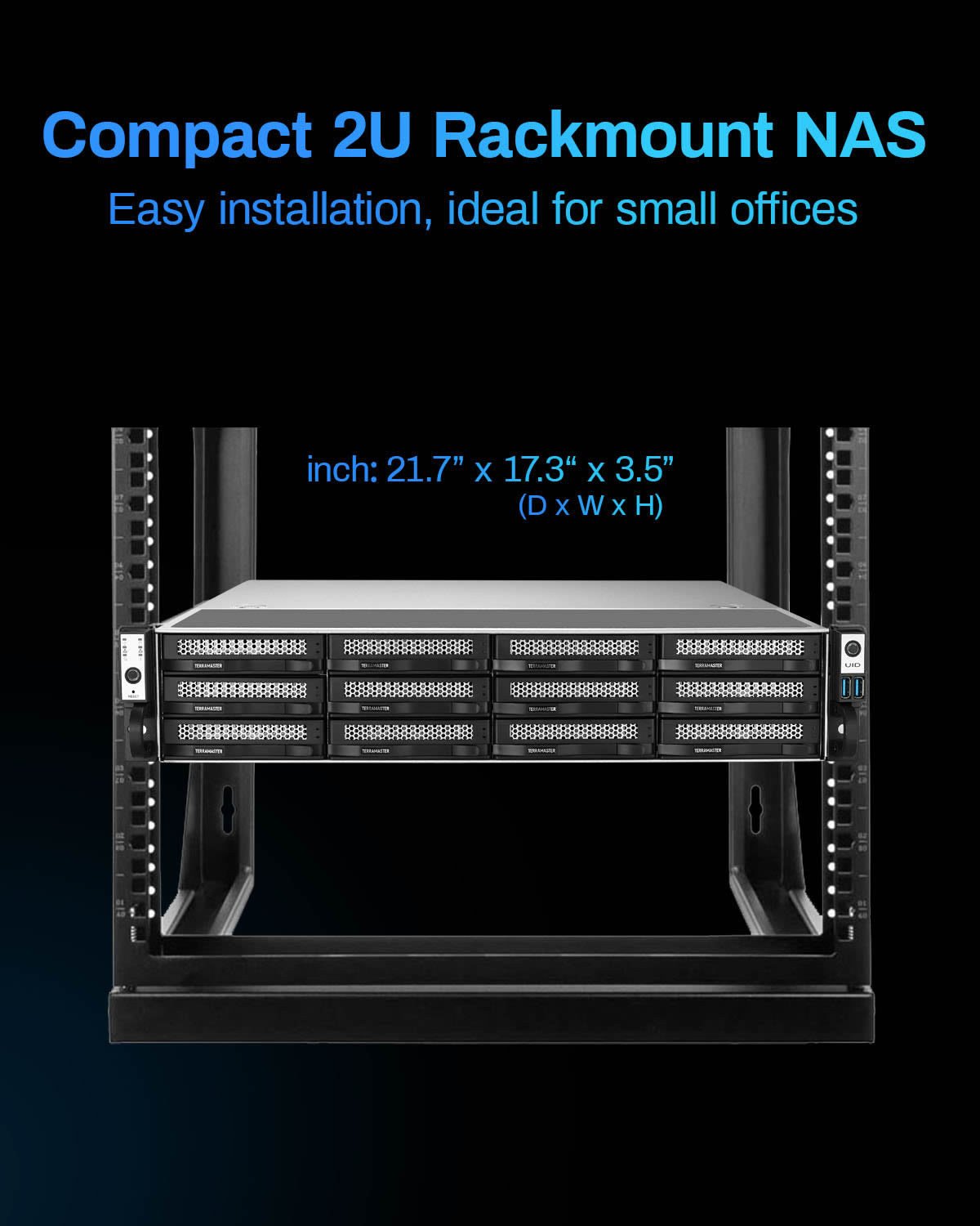 TERRAMASTER U12-500 Plus NAS 存储 - 12Bay Core i7 1255U 10 核 12 线程 CPU、16GB DDR5 RAM、双 10GbE 端口、2U 机架式网络附加存储，为企业提供最佳性能（无盘）