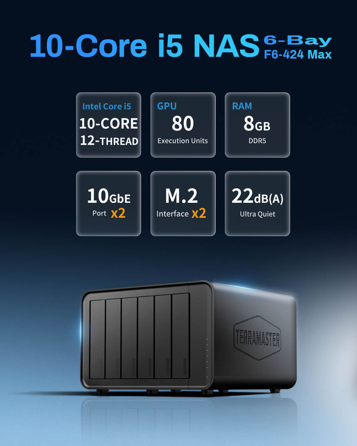 TERRAMASTER F6-424 Max NASストレージ - 6ベイ Core i5 1235U 10コア 12スレッド、8GB DDR5 RAM、デュアル10GbEポート、ネットワーク接続ストレージ、ビジネス向けピークパフォーマンス（ディスクレス）